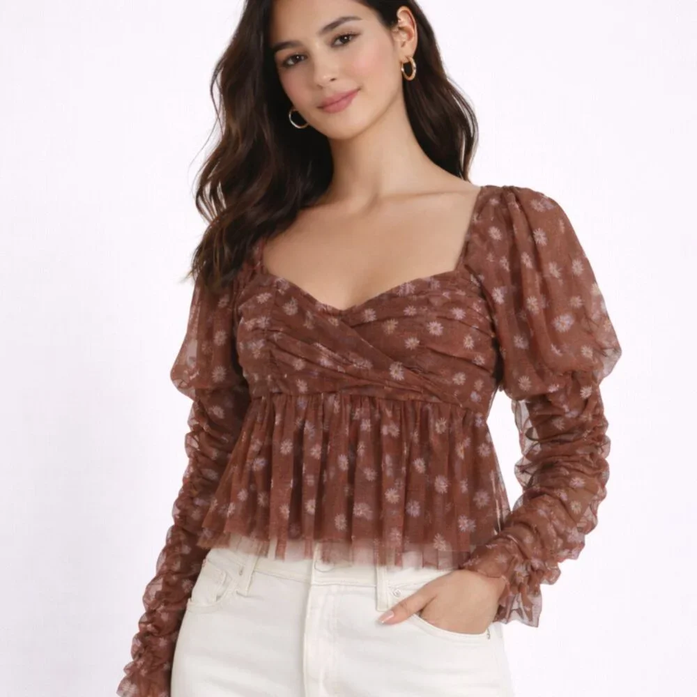 FREE PEOPLE Mesh Puff Long Sleeve Daisy Floral Tie Back Sweetheart Neckline Top